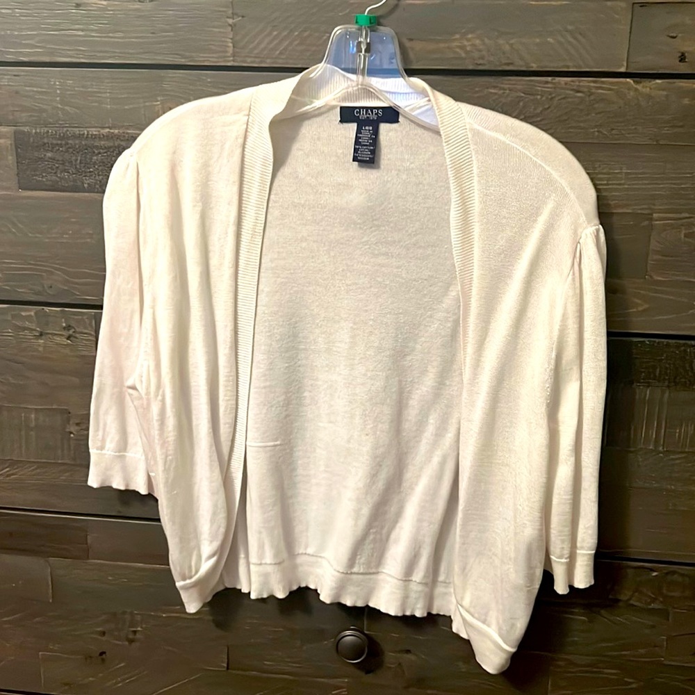Open, white cropped cardigan by chaps in size large